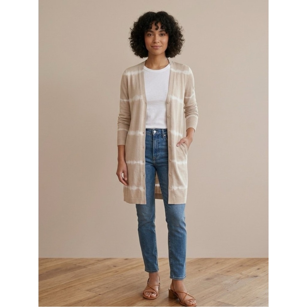 J Jill Pure New Size‎ PM Cotton Viscose Tie Dye Beige White Long Cardigan